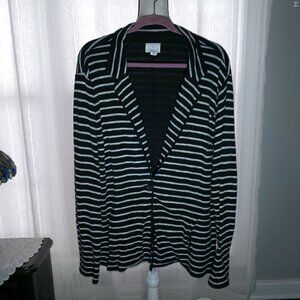 CASLON Long Sleeve Single Button Front Black w/White Stripes Cardigan Sweater 2X